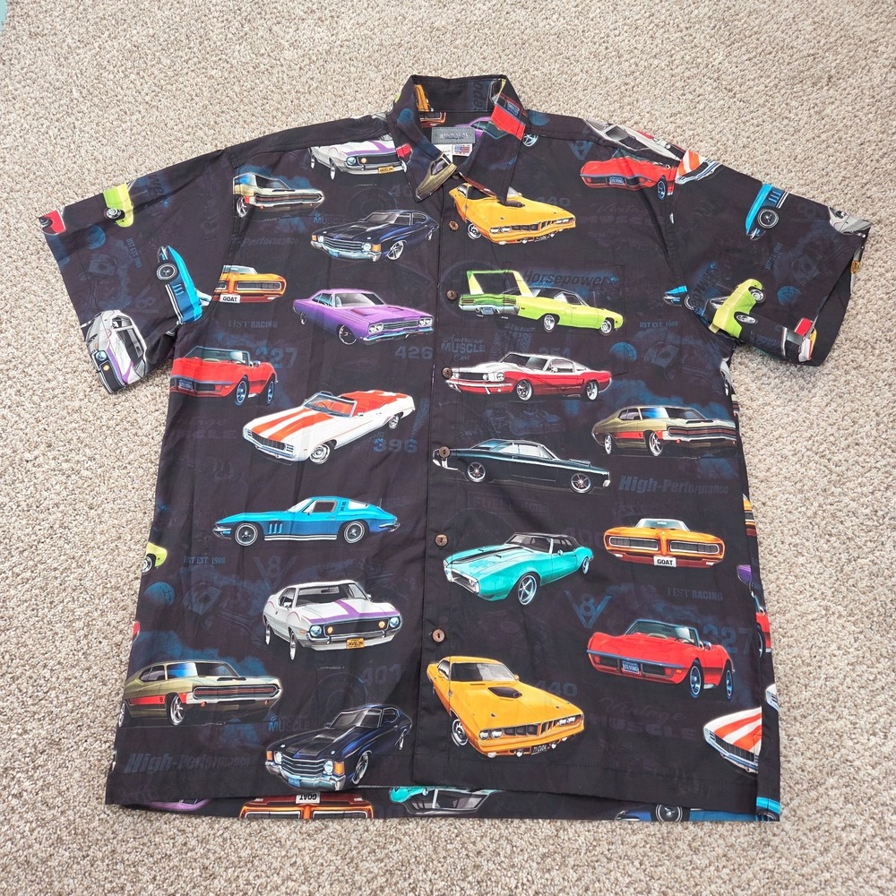 High Seas Trading Co. Men's L Button-Up Short Sleeve Shirt Classic Car Print